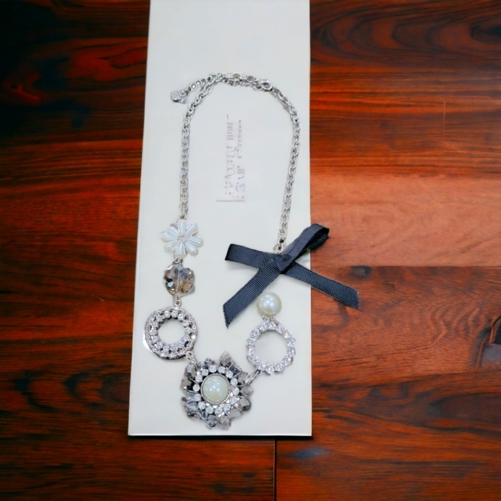 Silver and Crystal Studded Black Bow necklace